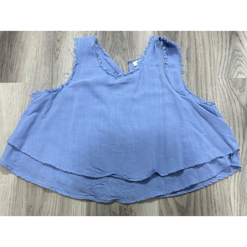 Gilli Women Periwinkle Blue Gauze Frayed Crop Tank Top Tiered Boho Sleeveless L